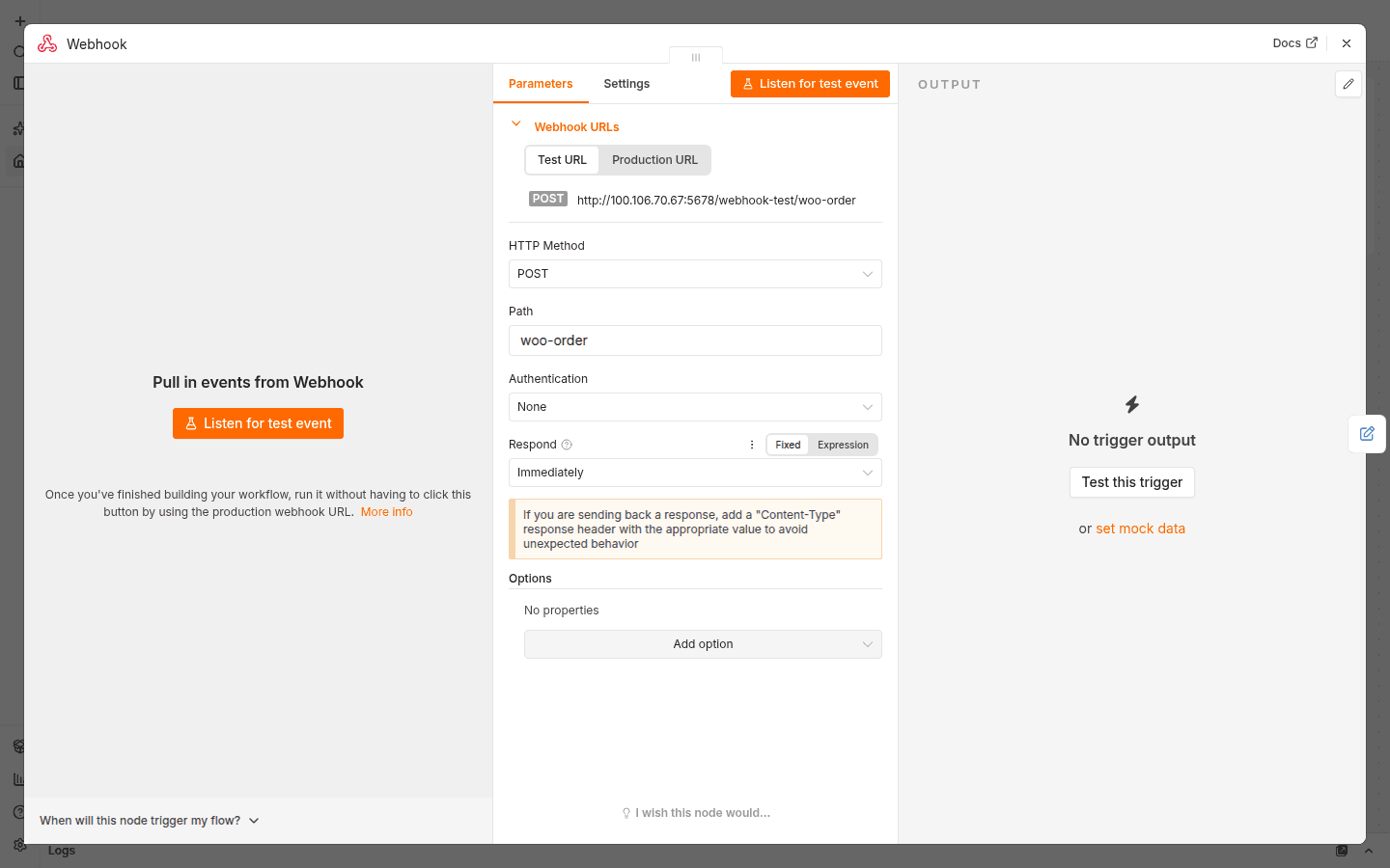 n8n Webhook node with the Test URL showing