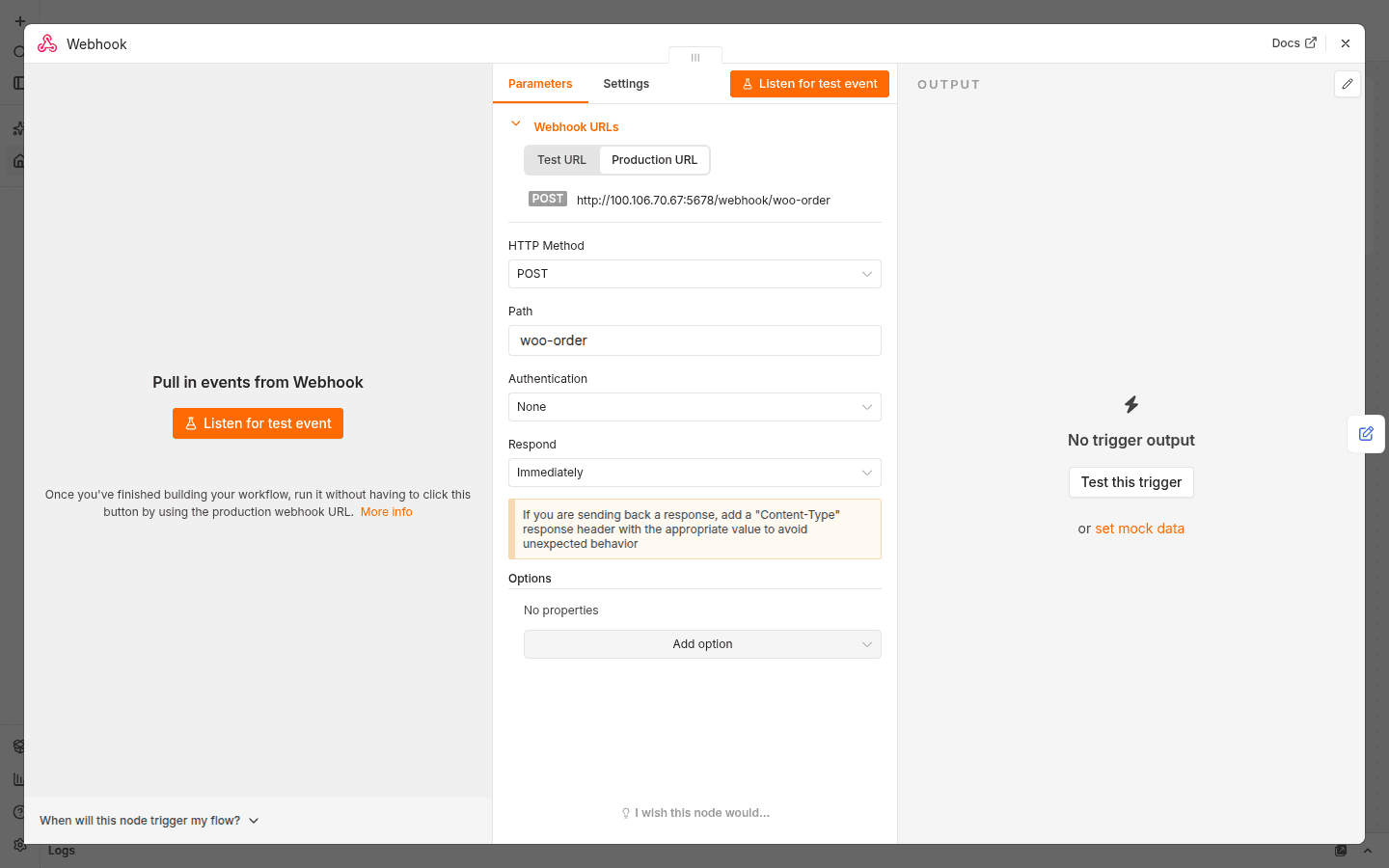 n8n Webhook node with the Production URL showing