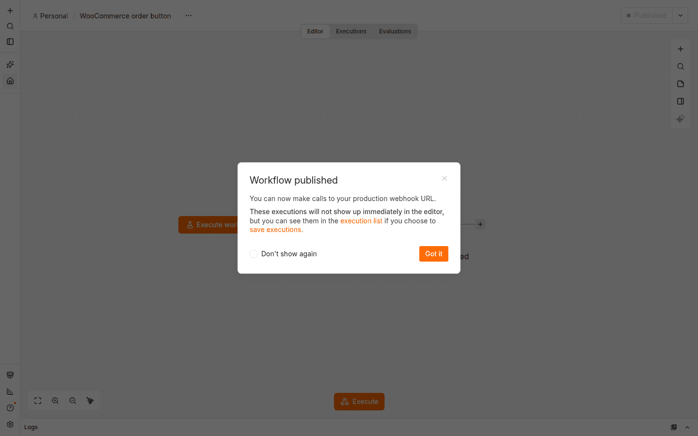 n8n "Workflow published" message