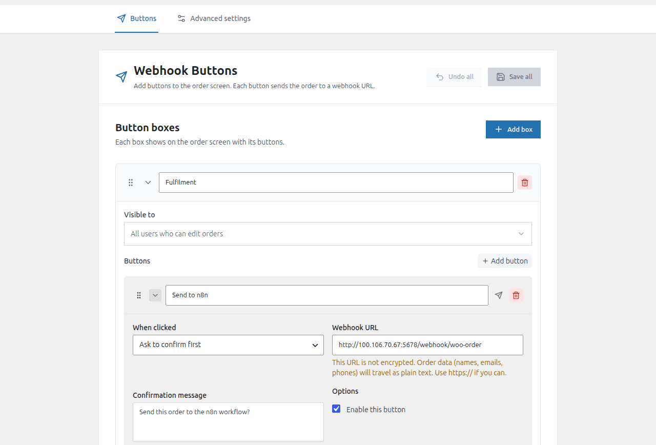 Plugin settings with the n8n production URL in the button