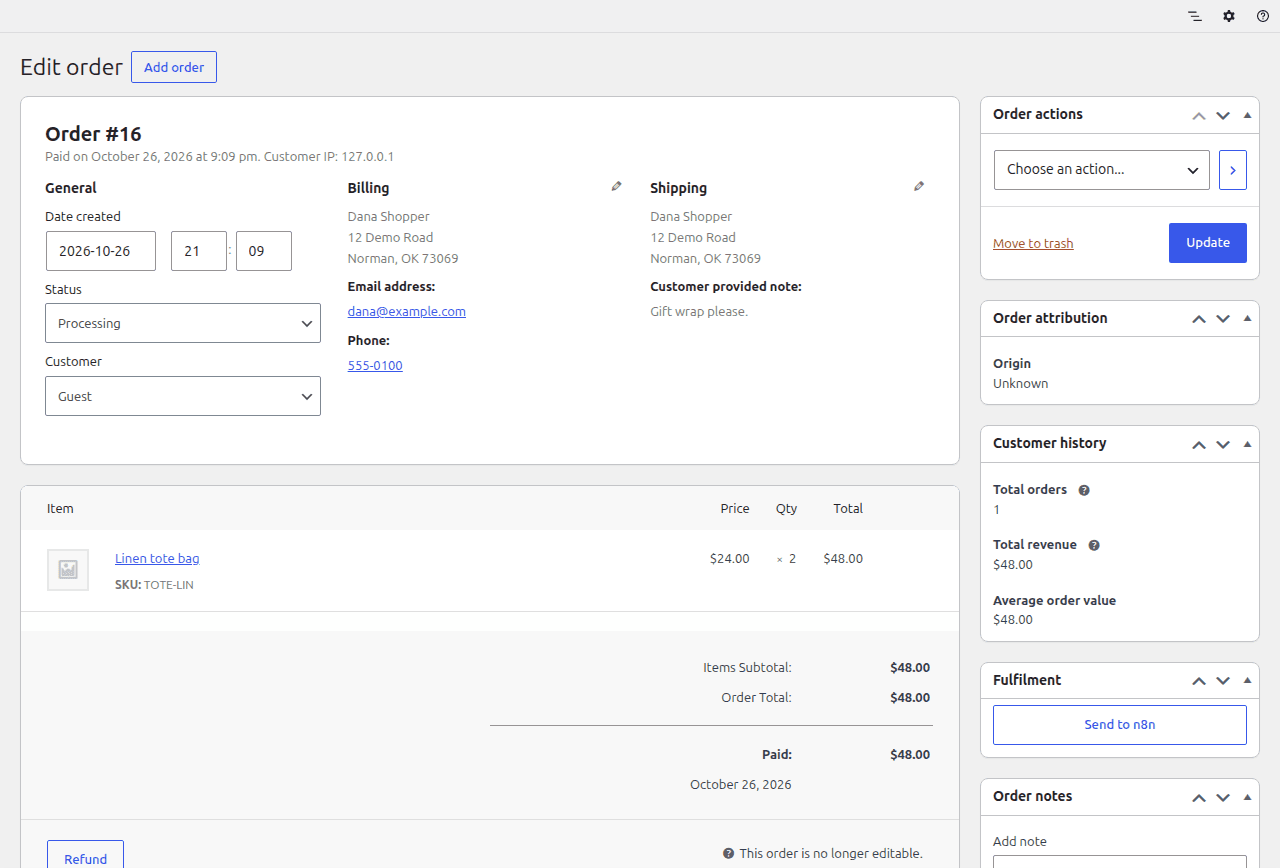 WooCommerce order screen with the Fulfilment box and the Send to n8n button