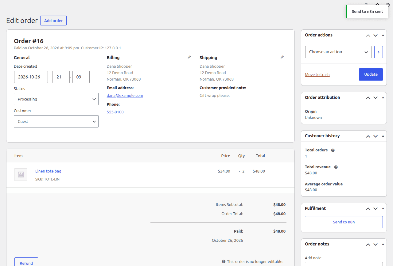 Order screen after a successful send