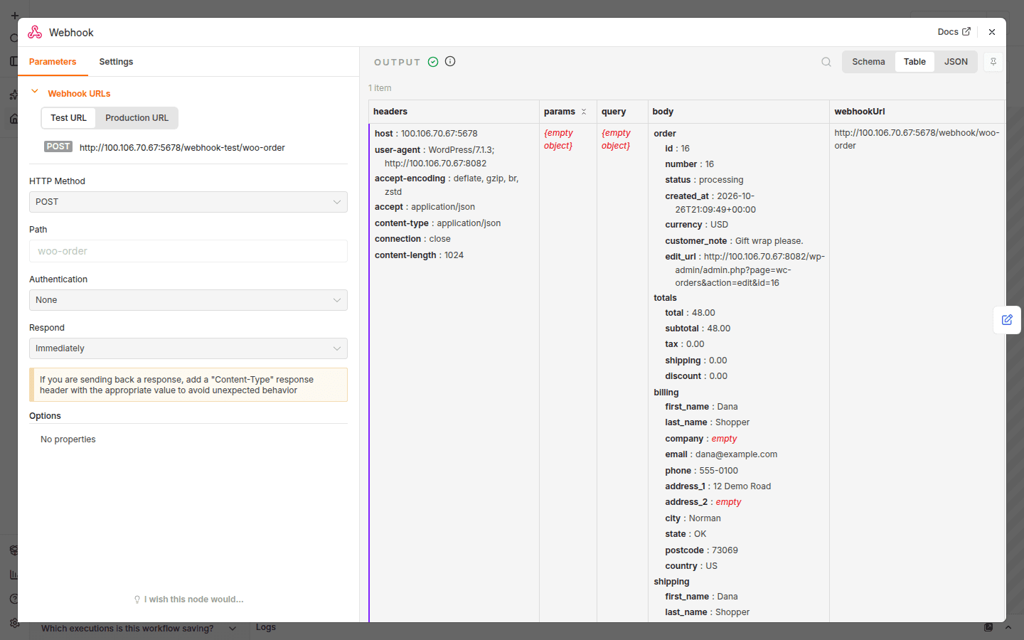 Webhook node output with the order JSON