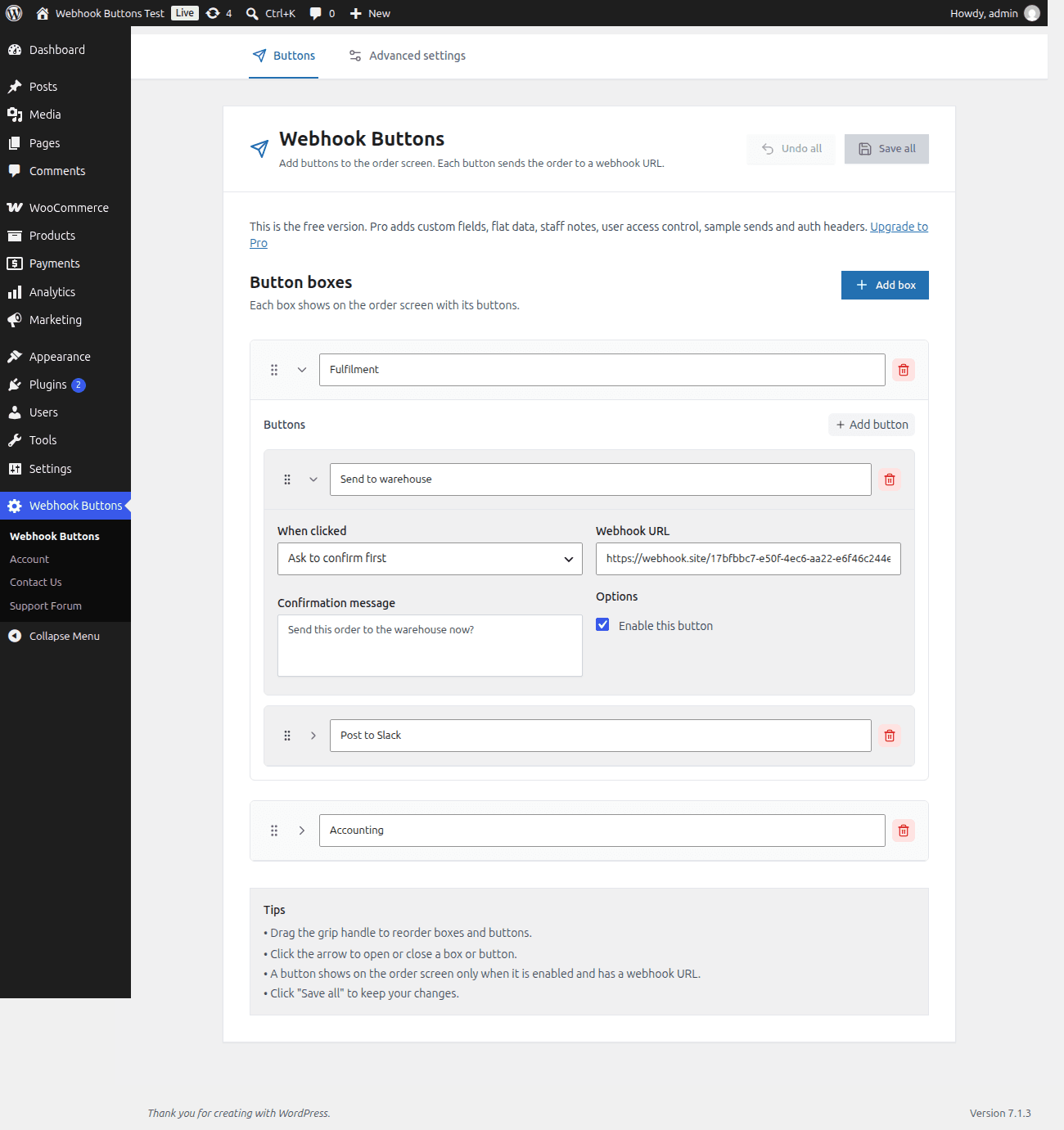 The Webhook Buttons settings page with a Fulfilment box holding Send to warehouse and Post to Slack buttons