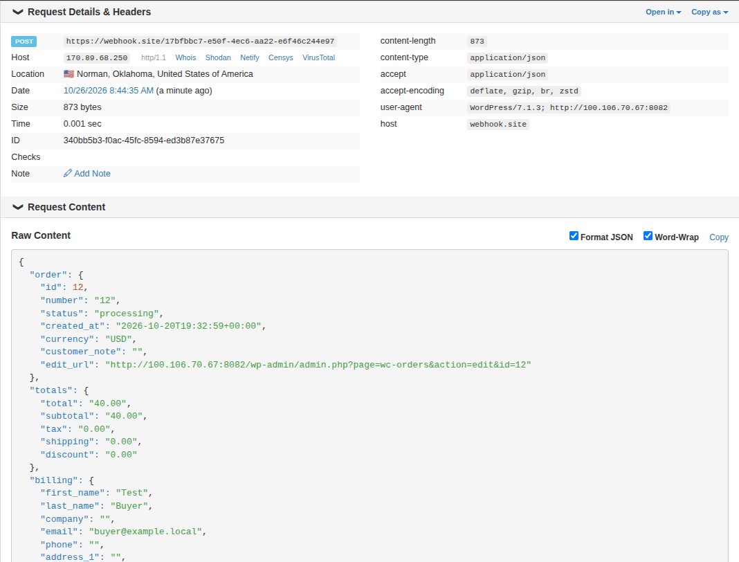 The order data as received by a webhook, shown as formatted JSON