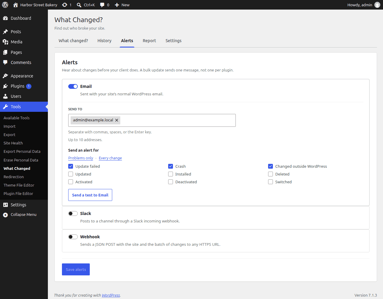 Pro Alerts at the defaults: email on to the site admin address for problems only; Slack and webhook off
