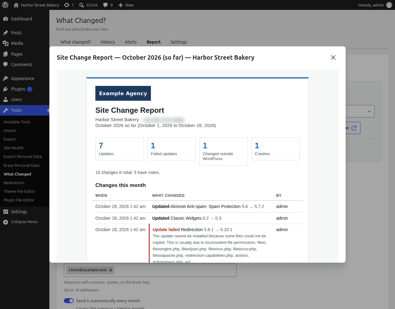 The Pro client report preview: an Example Agency logo, October 2026 so far, and four summary tiles