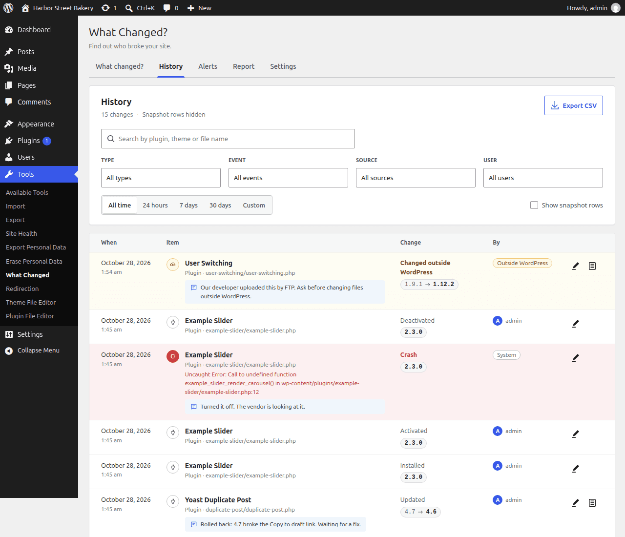 The History tab with search, type, event, source and user filters, a date range, Export CSV, and rows with notes