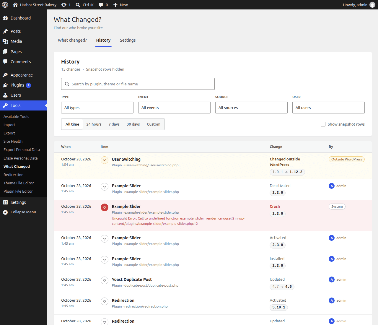 The History tab in the free version: search, type, event, source and user filters, a date range, and one row per change