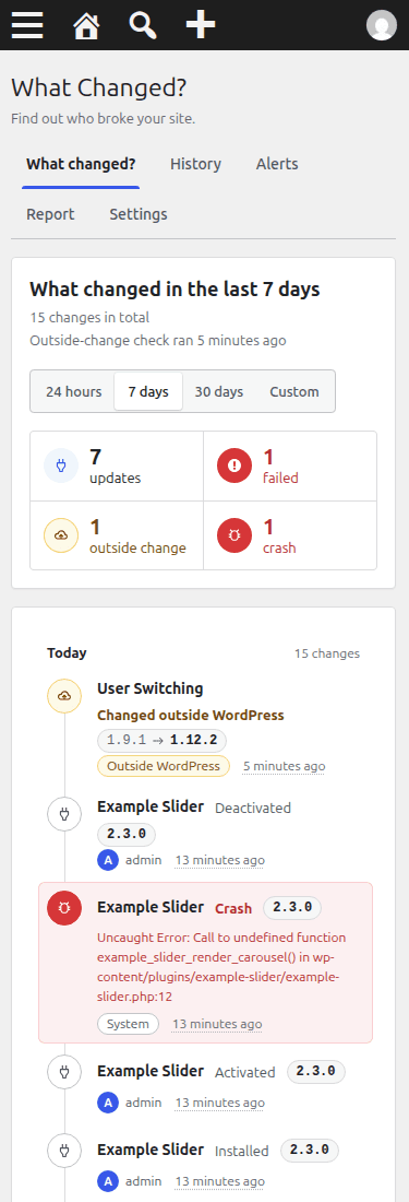 The What changed? tab for the last 7 days at phone width