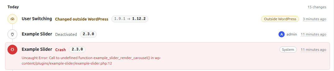An amber Changed outside WordPress row: User Switching, 1.9.1 to 1.12.2
