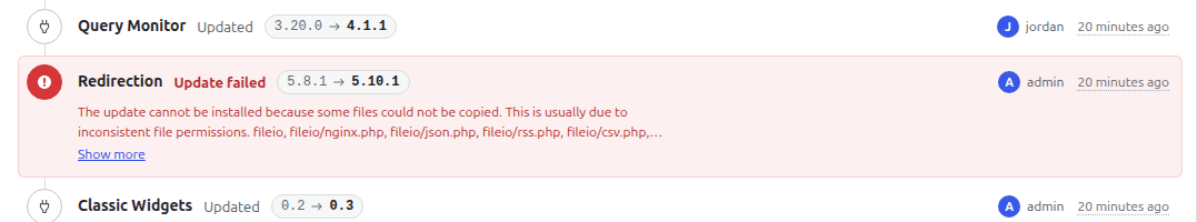 A red Update failed row for Redirection, 5.8.1 to 5.10.1, with the host's error message and a Show more link