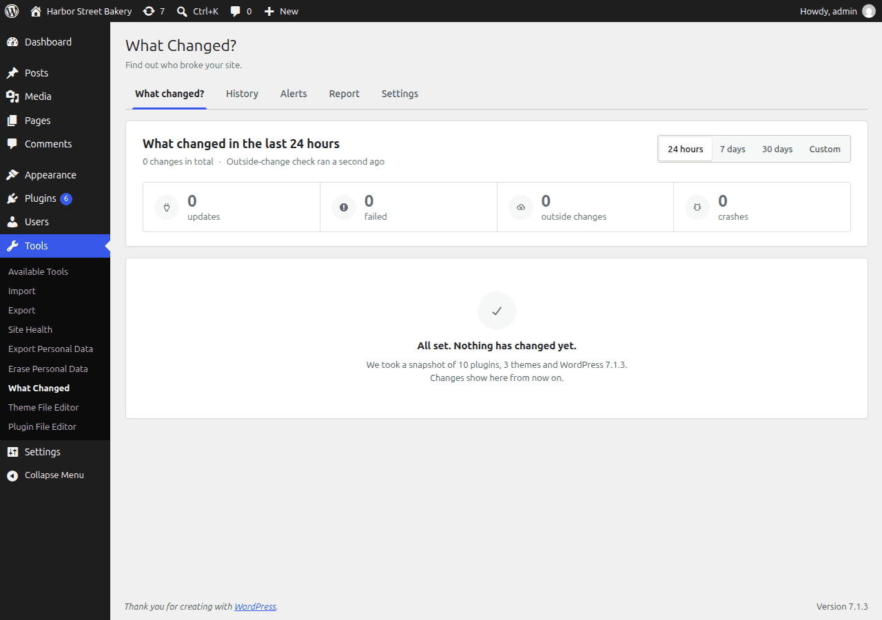 The What changed? tab right after activation: All set, with a snapshot of 10 plugins, 3 themes and WordPress 7.1.3