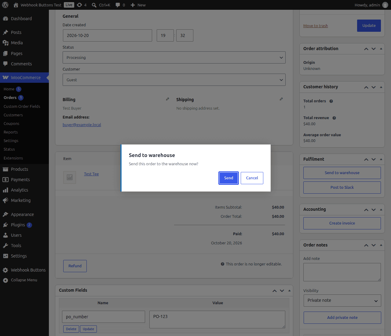 The WooCommerce order screen with a Fulfilment box of buttons and a confirm dialog asking to send the order to the warehouse