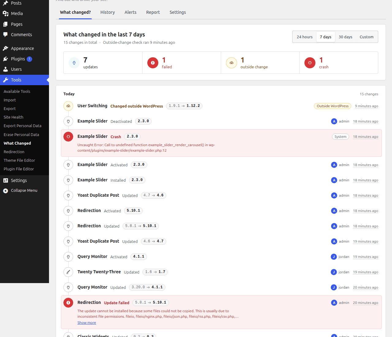 The What changed? tab for the last 7 days: counts of updates, failed updates, outside changes and crashes, then one row per change with the from and to version and who did it